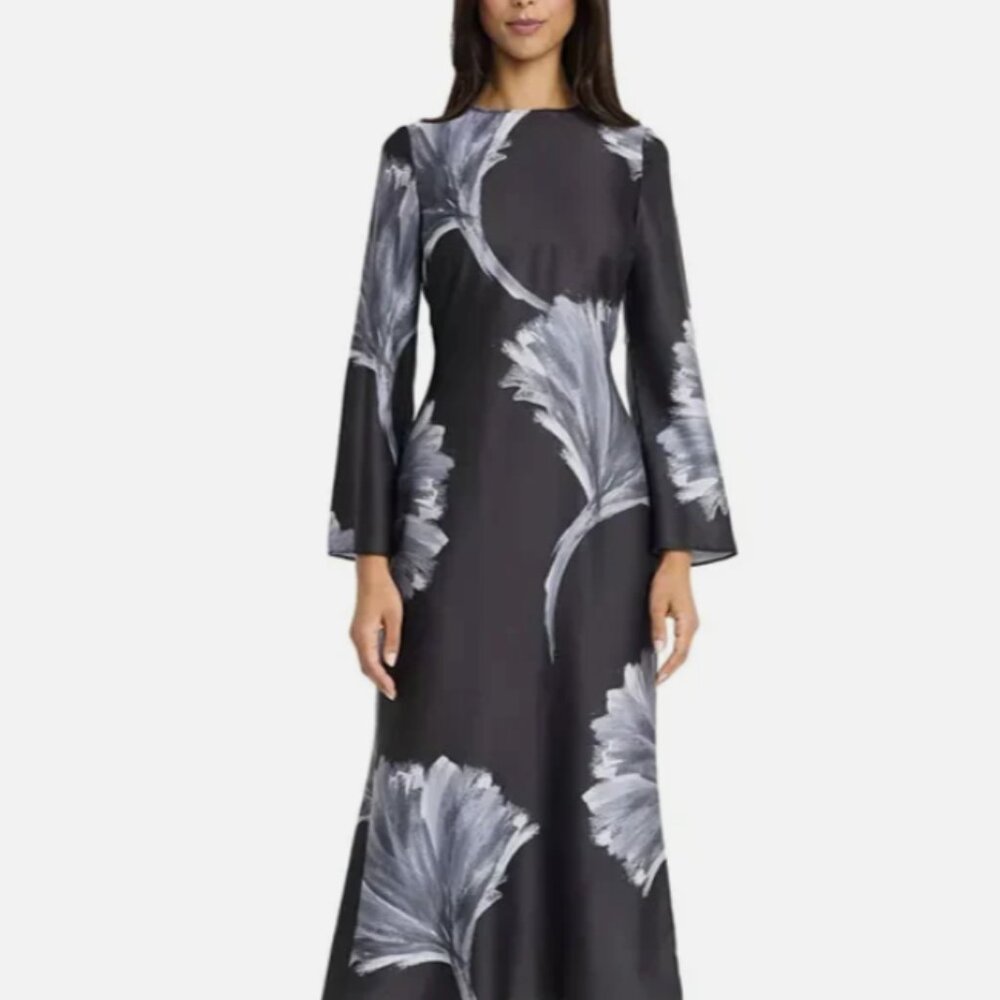 NWT Donna Morgan Tie Back Black and Grey Floral Midi Dress